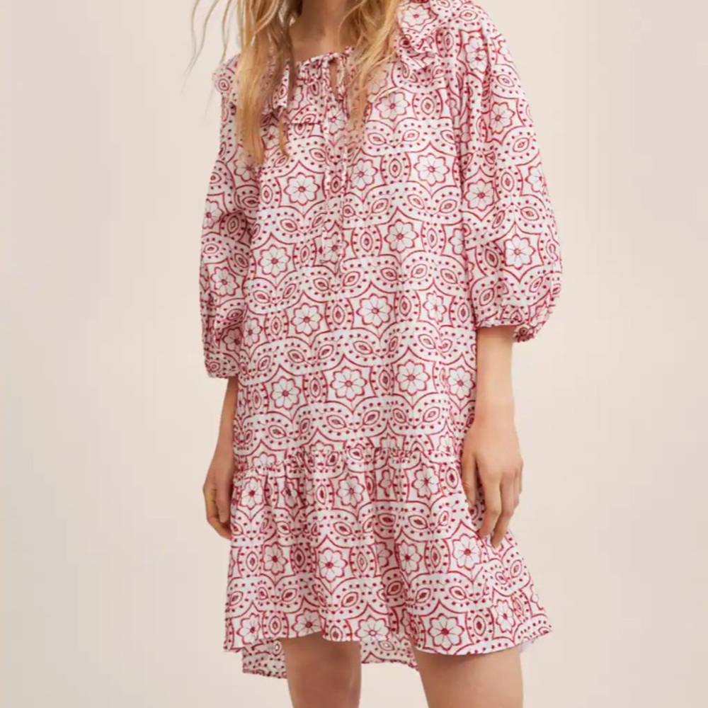 MANGO Red/White Embroidered Dress